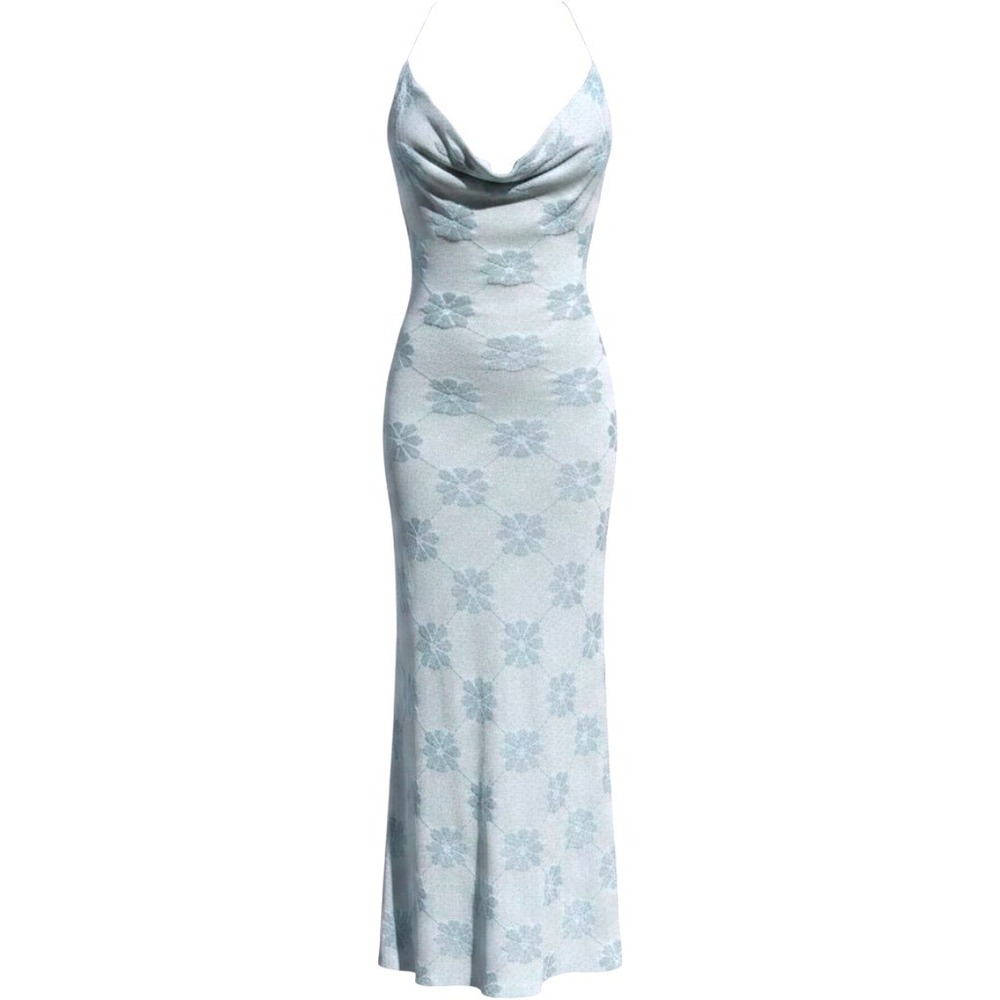 Asta Resort Klara Maxi Dress Light Blue Floral Knit Sequin Open Back $240